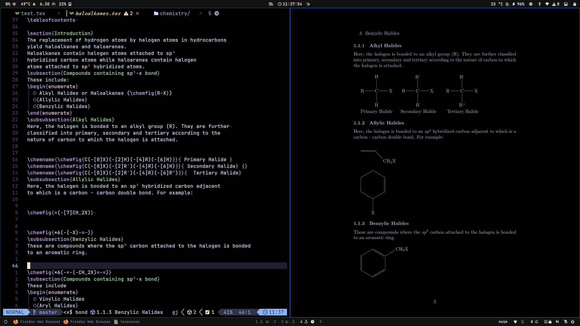 Screenshot of a LaTeX file with chemistry text opened in neovim and rendered LaTeX window besides it